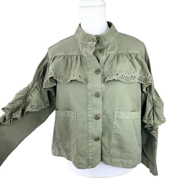 The Great eyelet army utility military jacket ruffle cropped olive green XS/0 - Picture 8 of 16